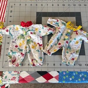 1950s Handmade Doll Rompers – Seersucker Feedsack Fabric – Circus Animal Print